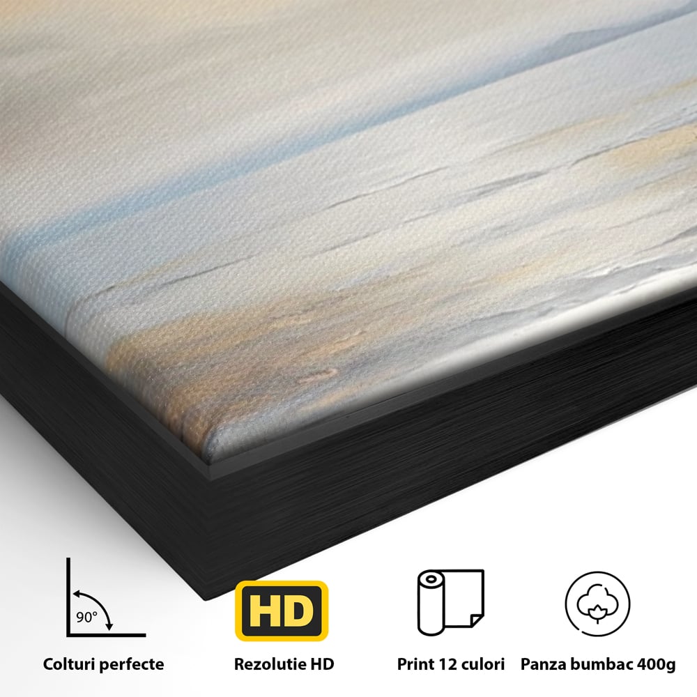 Detaliu al suprafetei: tablou canvas cu peisaj marin abstract, in rama de aluminiu negru