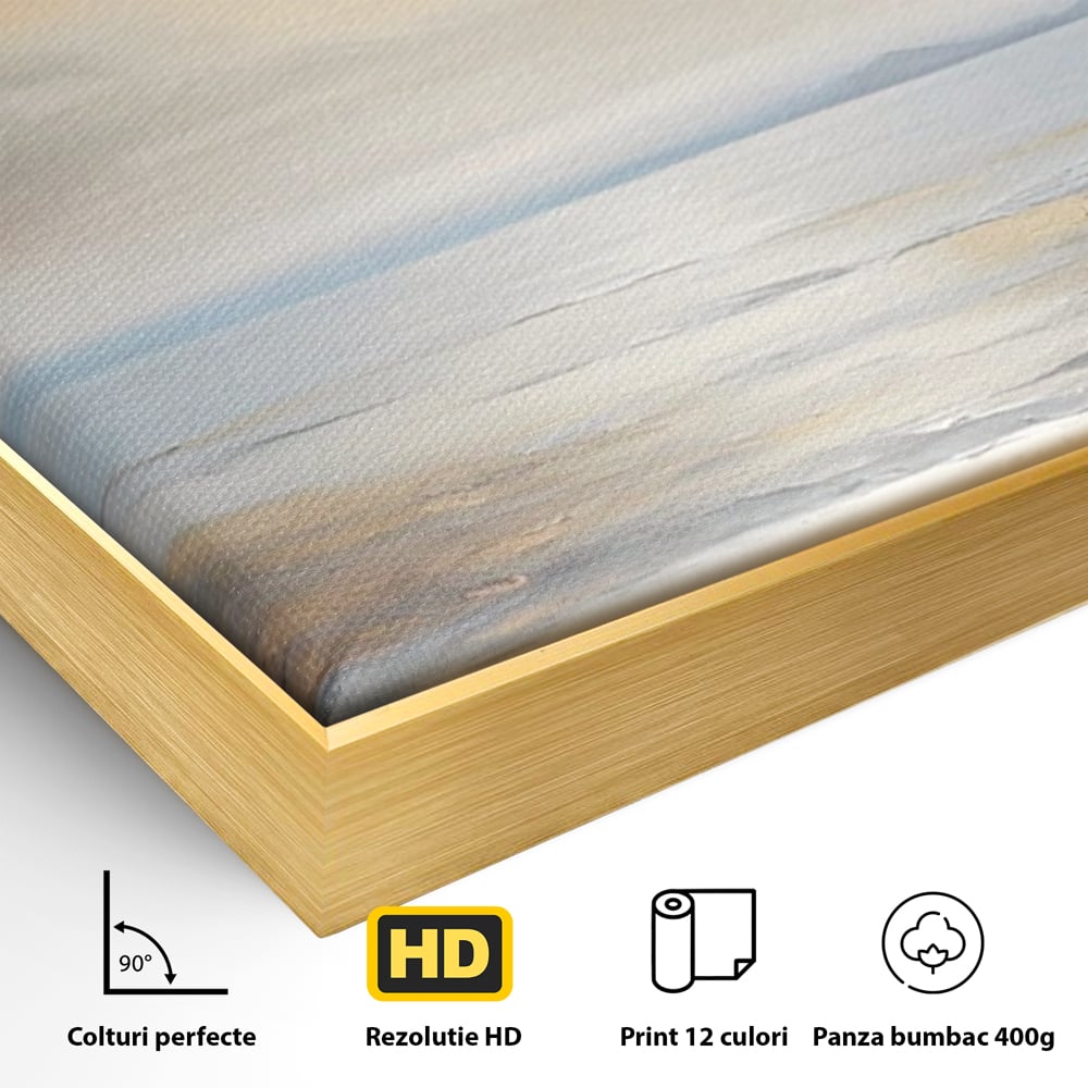 Detaliu al suprafetei: tablou canvas cu peisaj marin abstract, in rama de aluminiu auriu
