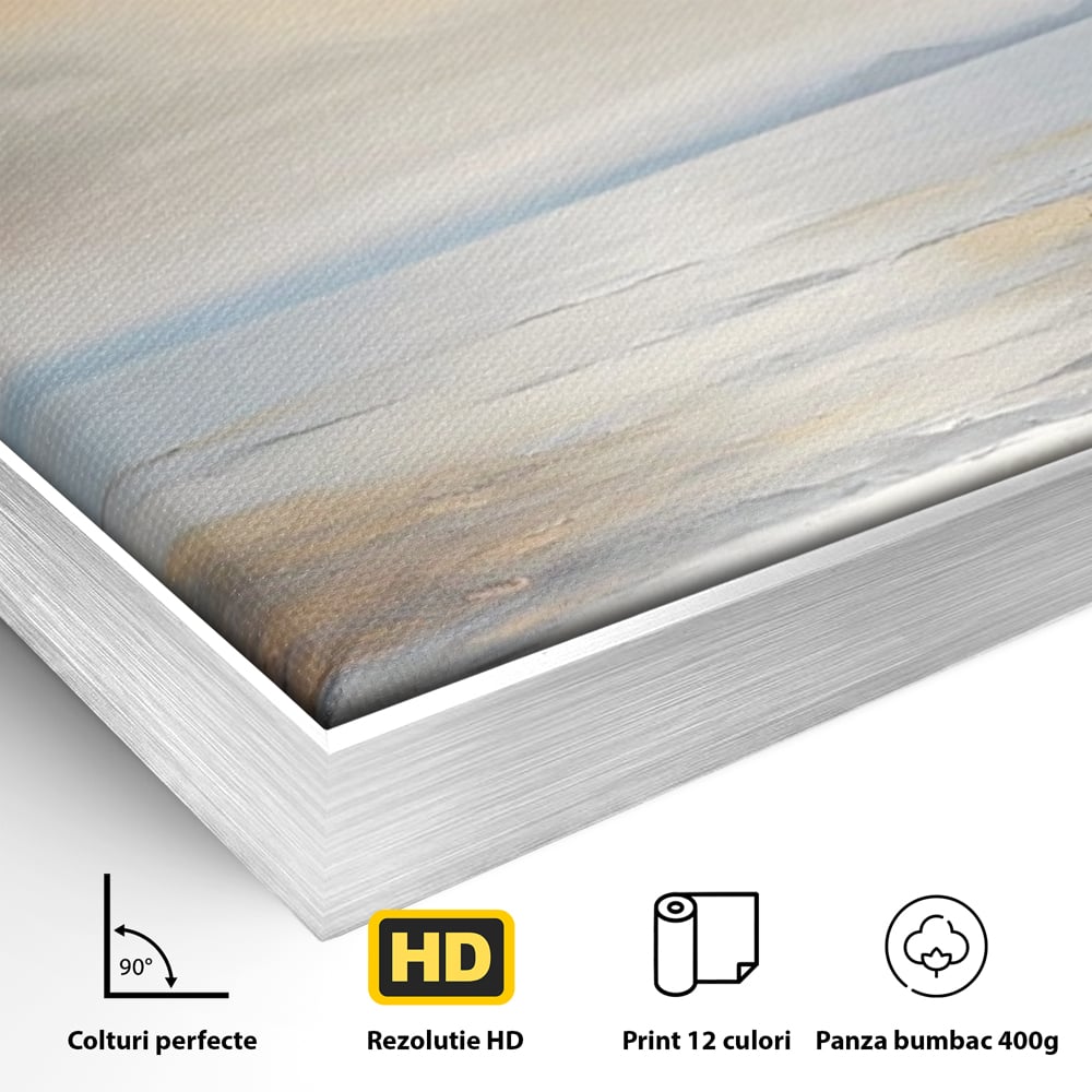 Detaliu al suprafetei: tablou canvas cu peisaj marin abstract, in rama de aluminiu argintiu