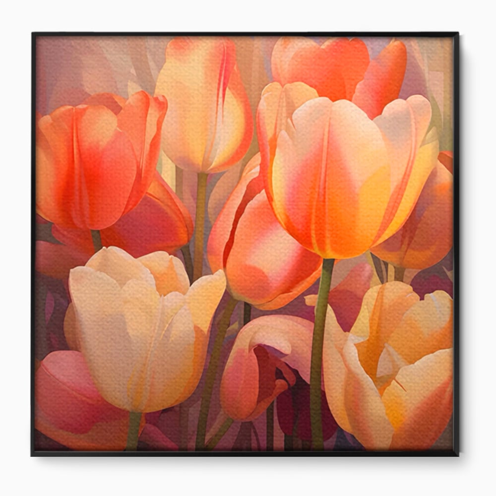 Tablou canvas cu pictura patrata cu lalele in culori calde, in rama de aluminiu negru