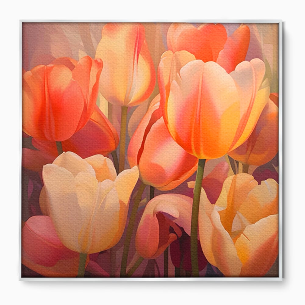 Tablou canvas cu pictura patrata cu lalele in culori calde, in rama de aluminiu argintiu
