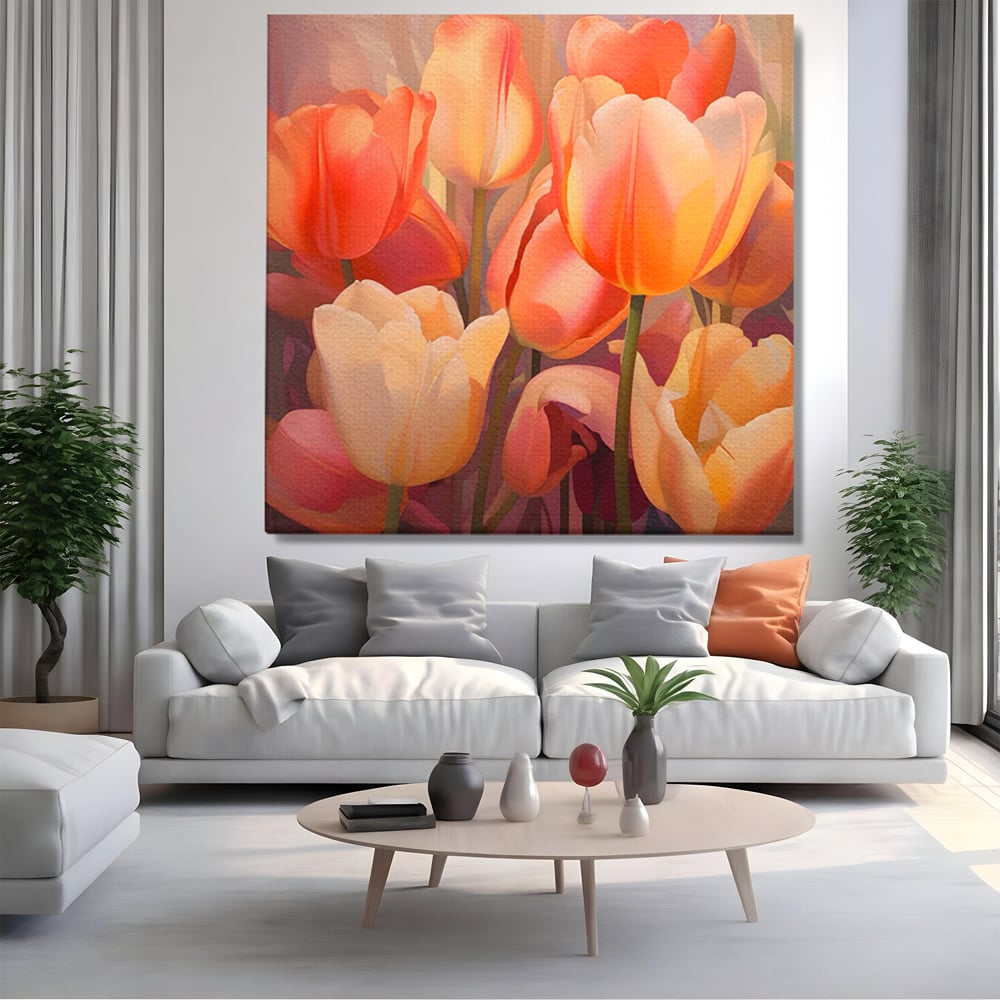 Tablou canvas cu pictura patrata cu lalele in culori calde, fara rama, pe sasiu de lemn, pe perete intr-un living