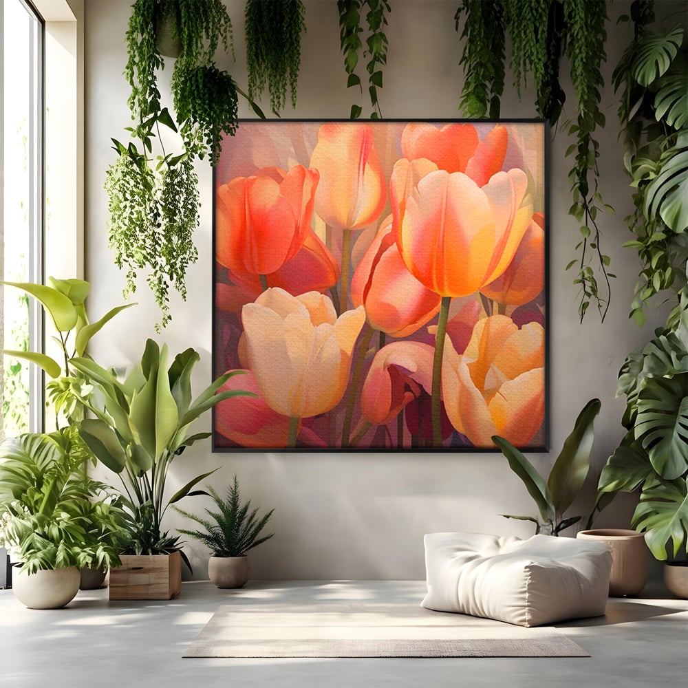 Tablou canvas cu pictura patrata cu lalele in culori calde, in rama de aluminiu negru