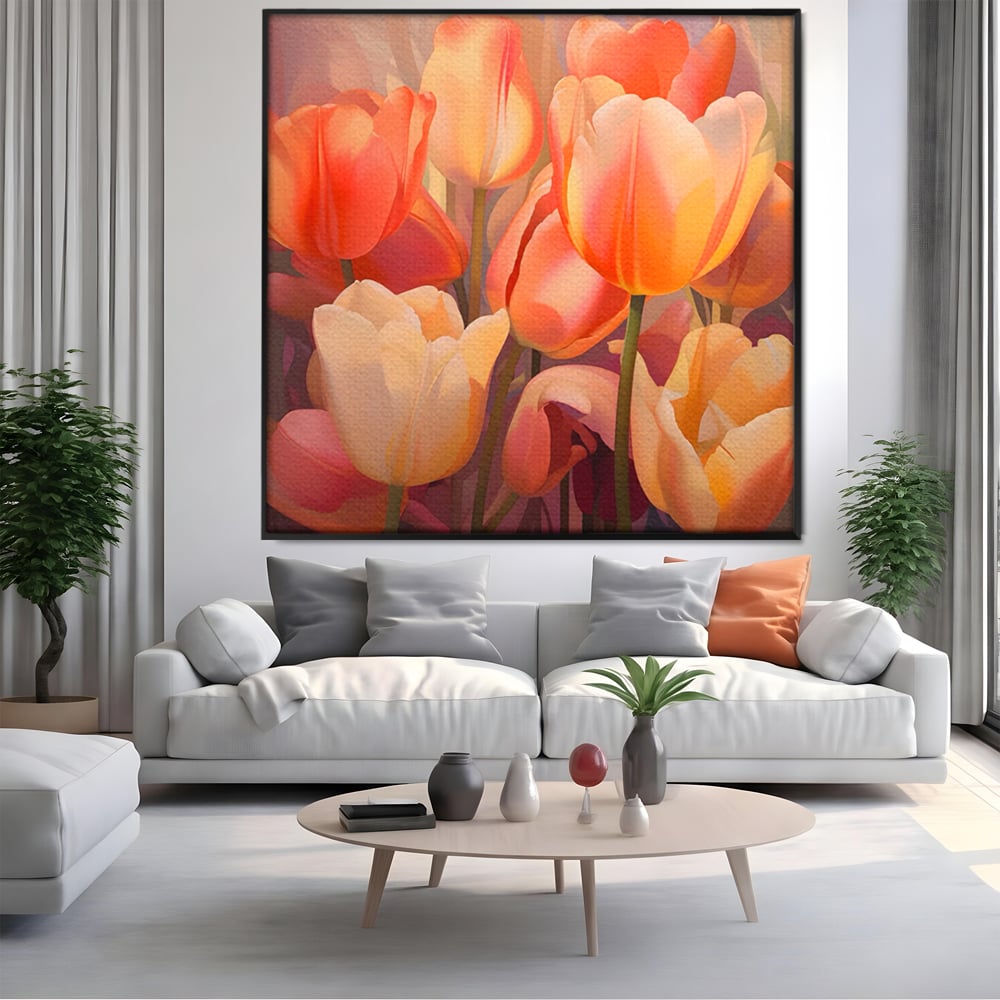 Tablou canvas cu pictura patrata cu lalele in culori calde, in rama de aluminiu negru, pe perete intr-un living