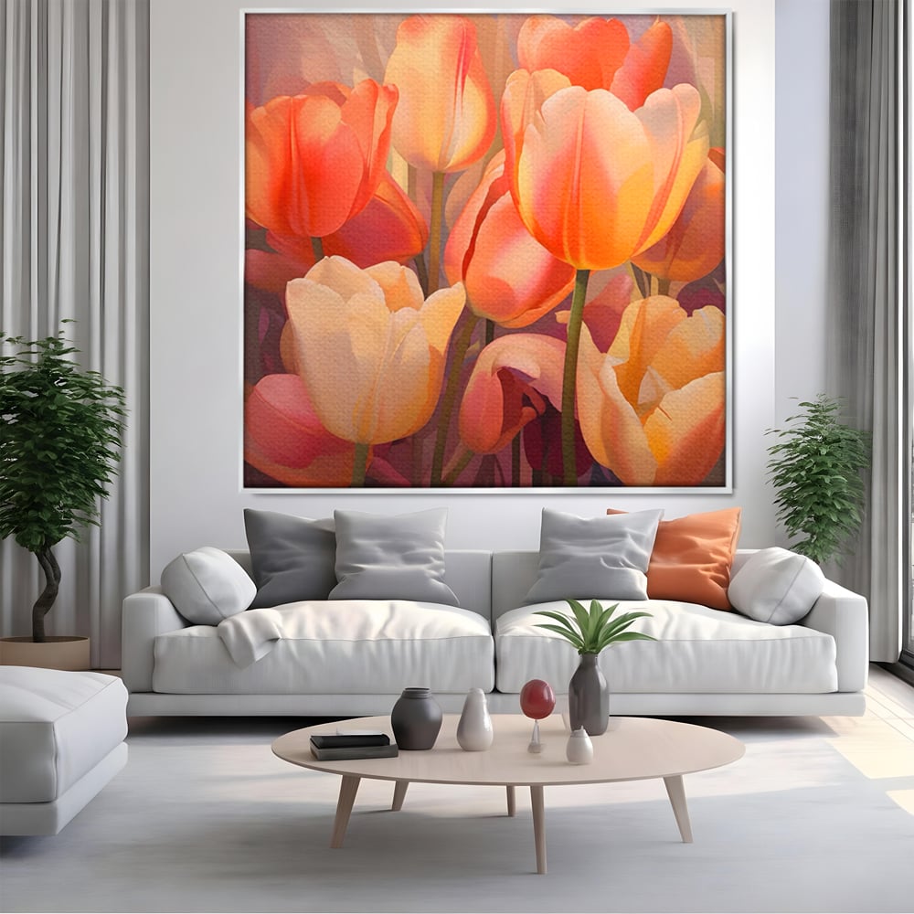 Tablou canvas cu pictura patrata cu lalele in culori calde, in rama de aluminiu argintiu, pe perete intr-un living