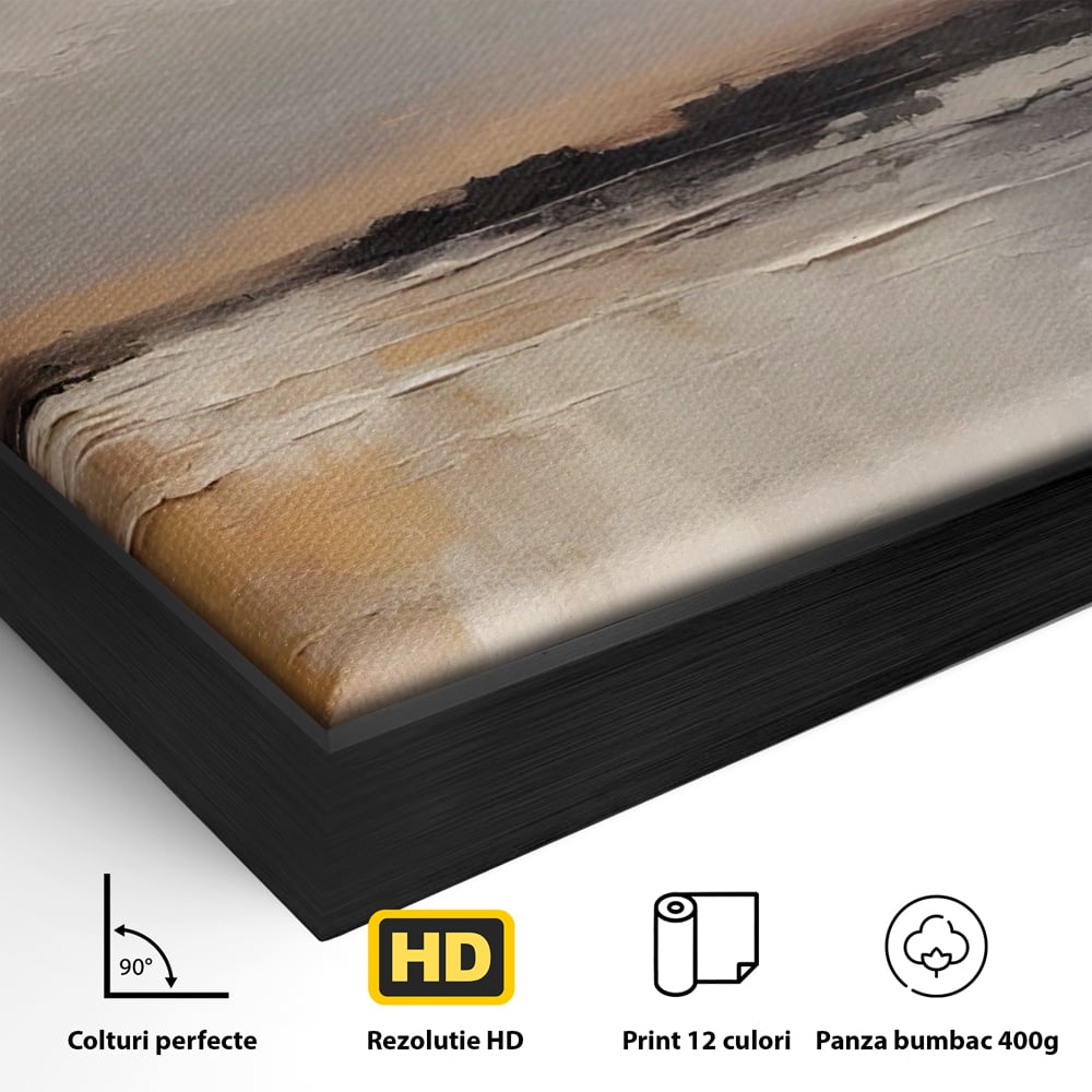 Detaliu al suprafetei: tablou pictat cu peisaj de apa, in rama de aluminiu negru