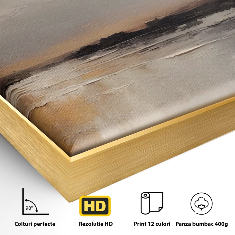 Detaliu al suprafetei: tablou pictat cu peisaj de apa, in rama de aluminiu auriu