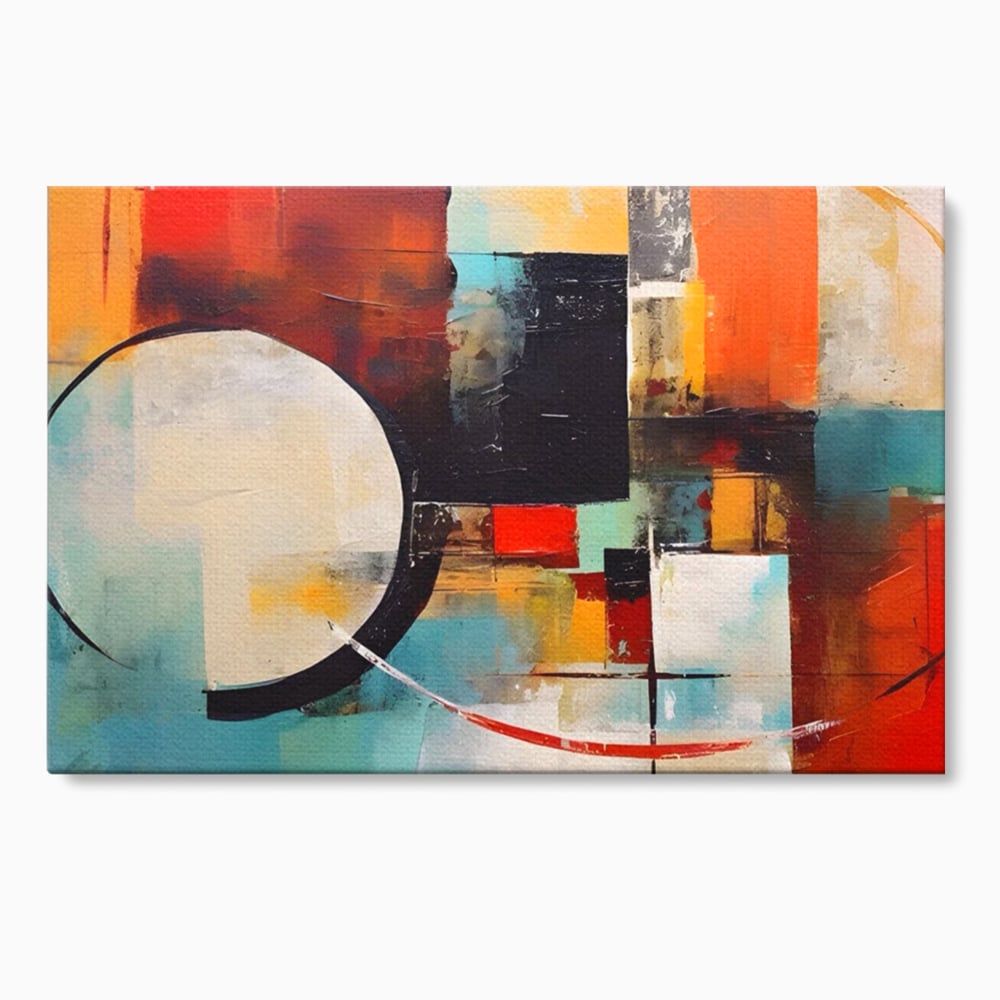 Tablou canvas cu pictura abstracta cu cercuri si linii, fara rama, pe sasiu de lemn