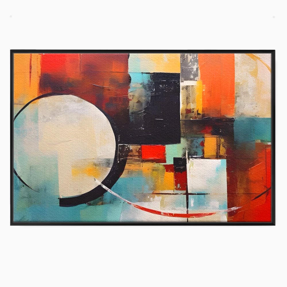 Tablou canvas cu pictura abstracta cu cercuri si linii, in rama de aluminiu negru