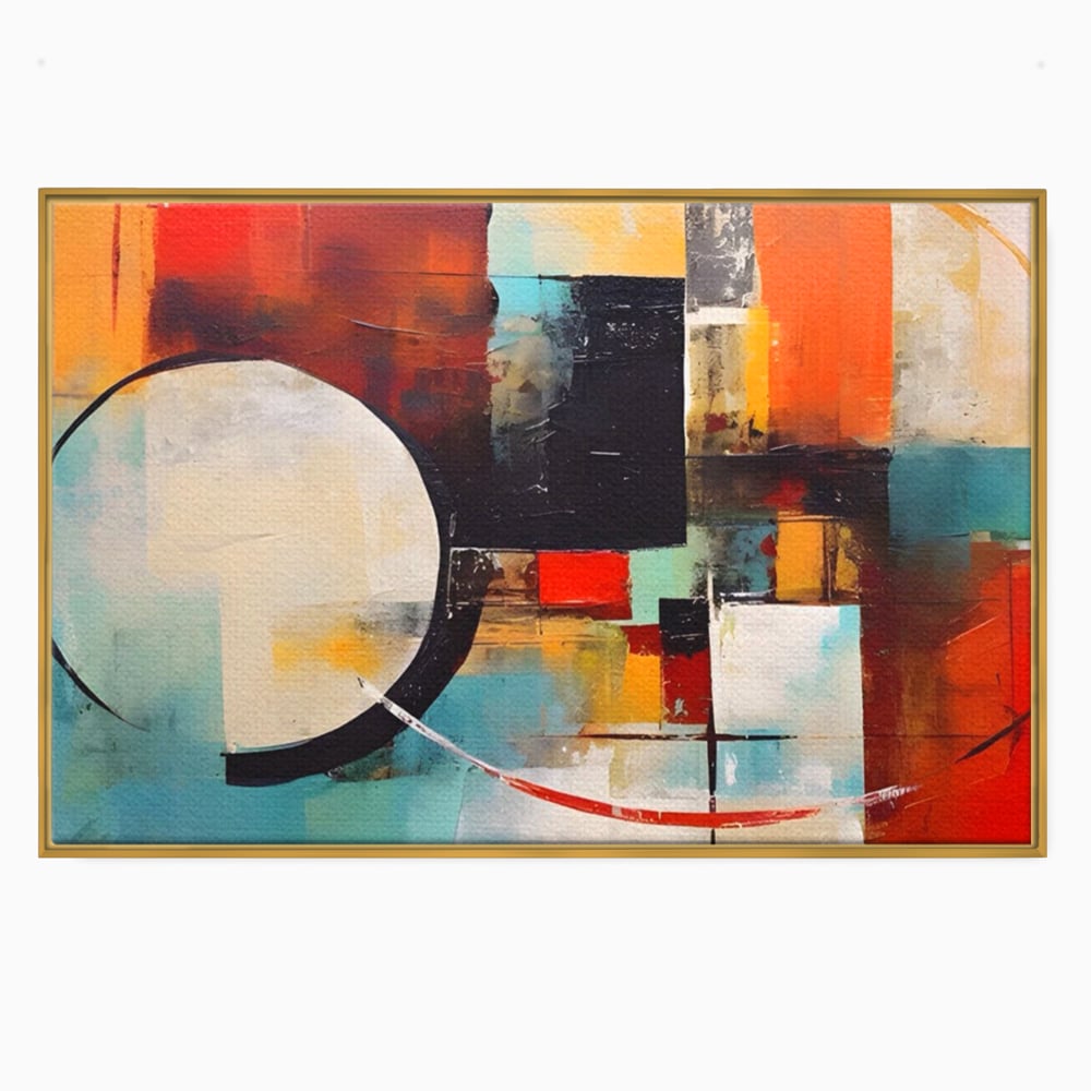 Tablou canvas cu pictura abstracta cu cercuri si linii, in rama de aluminiu auriu