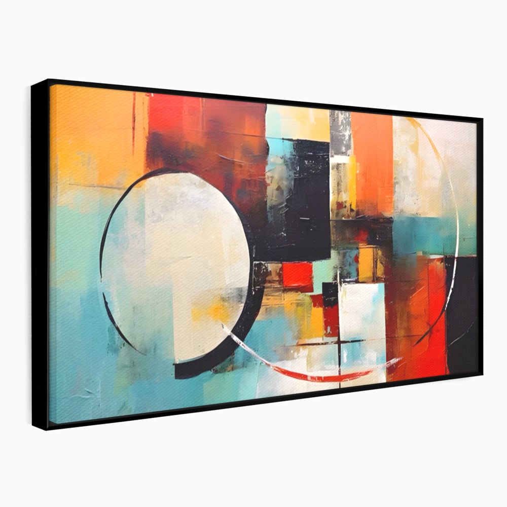 Tablou canvas cu pictura abstracta cu cercuri si linii, in rama de aluminiu negru