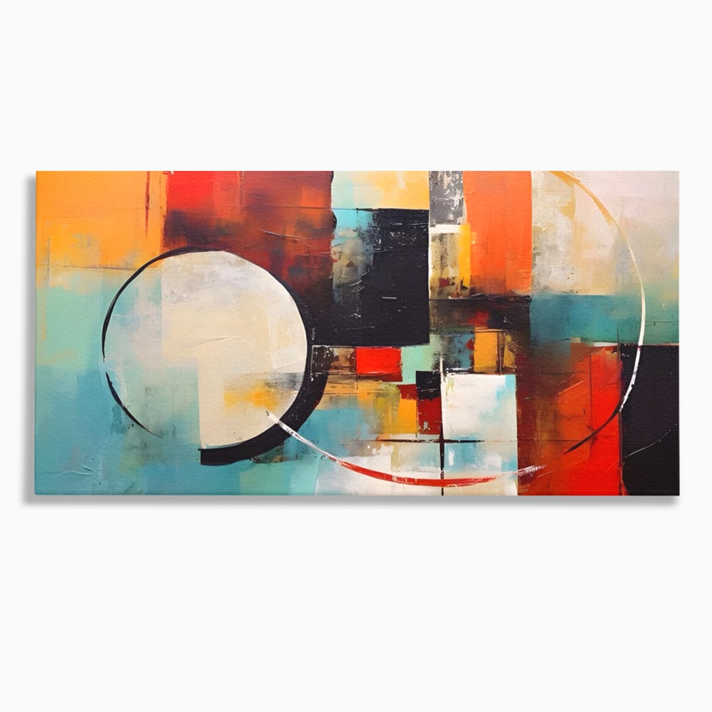 Tablou canvas cu pictura abstracta cu cercuri si linii, fara rama, pe sasiu de lemn
