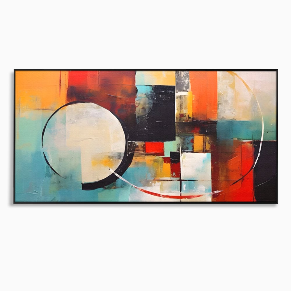 Tablou canvas cu pictura abstracta cu cercuri si linii, in rama de aluminiu negru