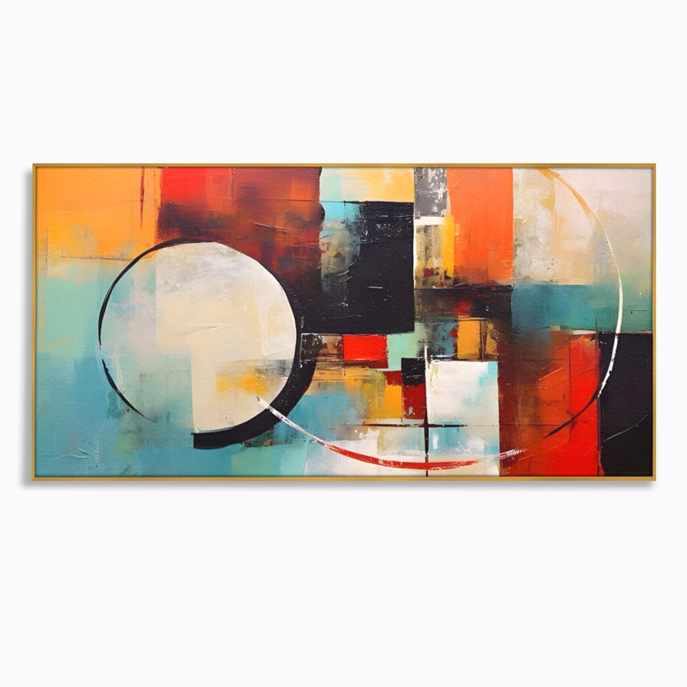 Tablou canvas cu pictura abstracta cu cercuri si linii, in rama de aluminiu auriu