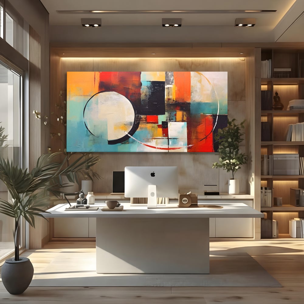 Tablou canvas cu pictura abstracta cu cercuri si linii, fara rama, pe sasiu de lemn, pe perete intr-un birou
