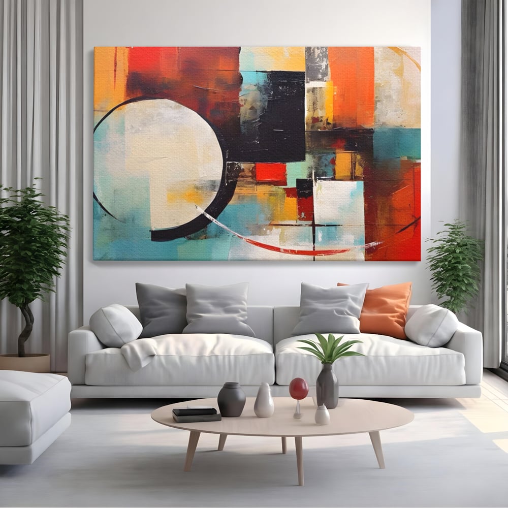 Tablou canvas cu pictura abstracta cu cercuri si linii, fara rama, pe sasiu de lemn, pe perete intr-un living