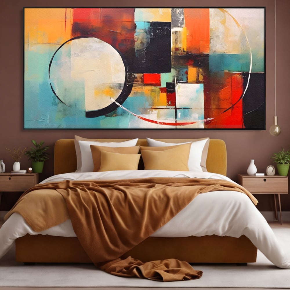 Tablou canvas cu pictura abstracta cu cercuri si linii, in rama de aluminiu negru, pe perete intr-un dormitor