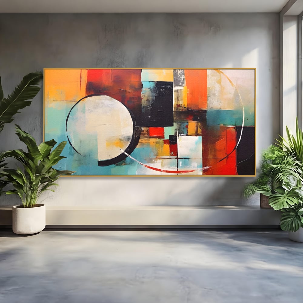 Tablou canvas cu pictura abstracta cu cercuri si linii, in rama de aluminiu auriu