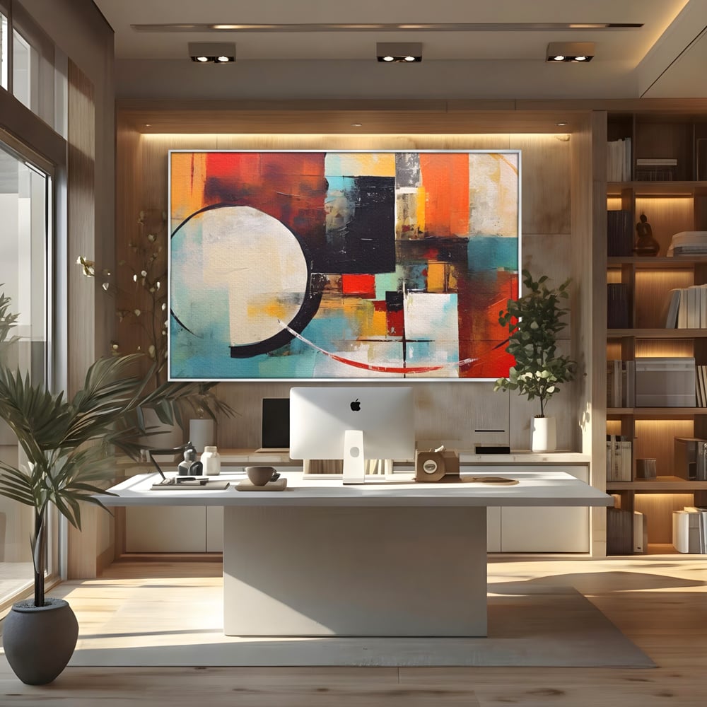 Tablou canvas cu pictura abstracta cu cercuri si linii, in rama de aluminiu argintiu, pe perete intr-un birou