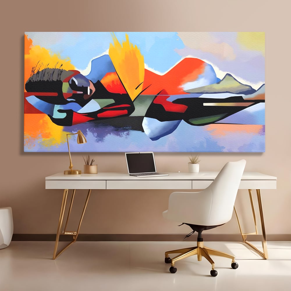 Tablou canvas cu tablou canvas cu silueta abstracta, fara rama, pe sasiu de lemn, pe perete intr-un birou