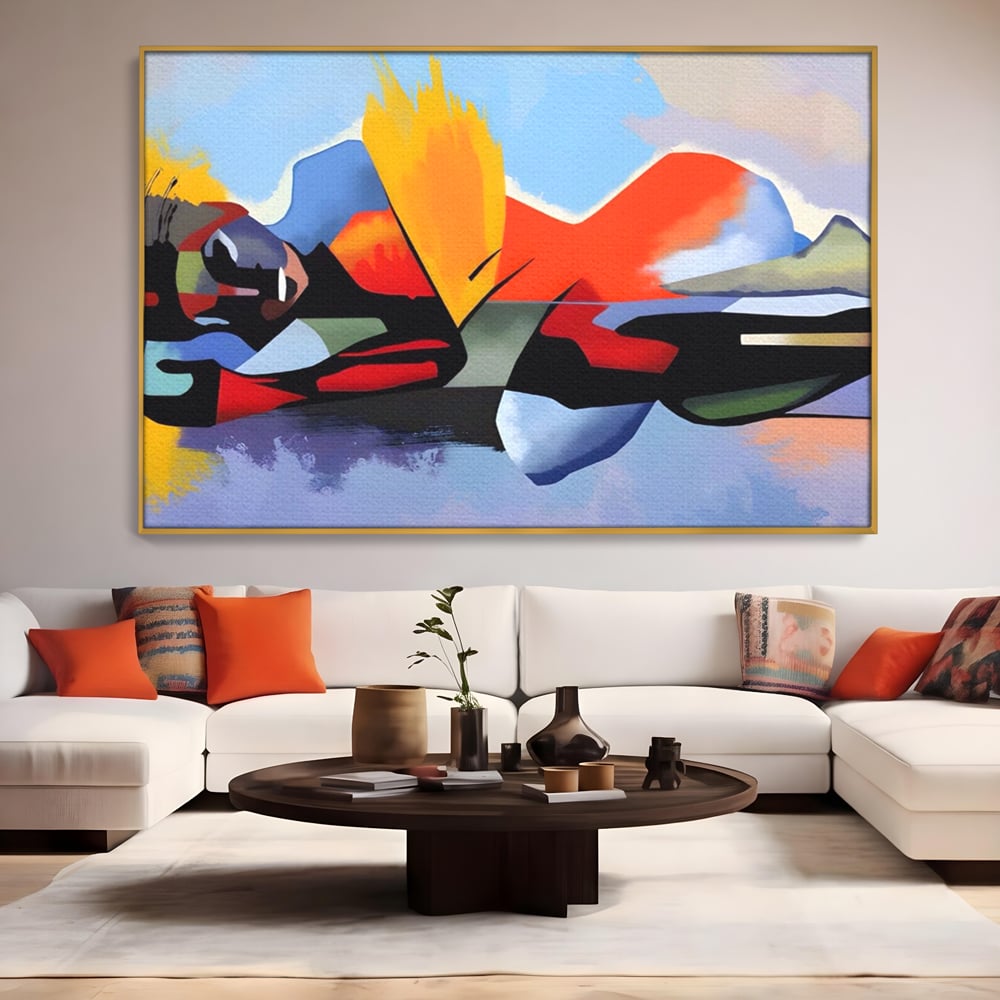Tablou canvas cu tablou canvas cu silueta abstracta, in rama de aluminiu auriu, pe perete intr-un living
