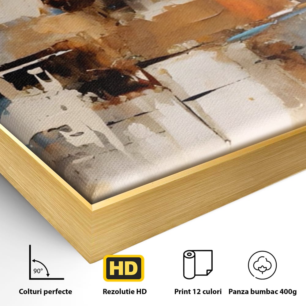 Detaliu al suprafetei: pictura abstracta cu linii verticale, in rama de aluminiu auriu