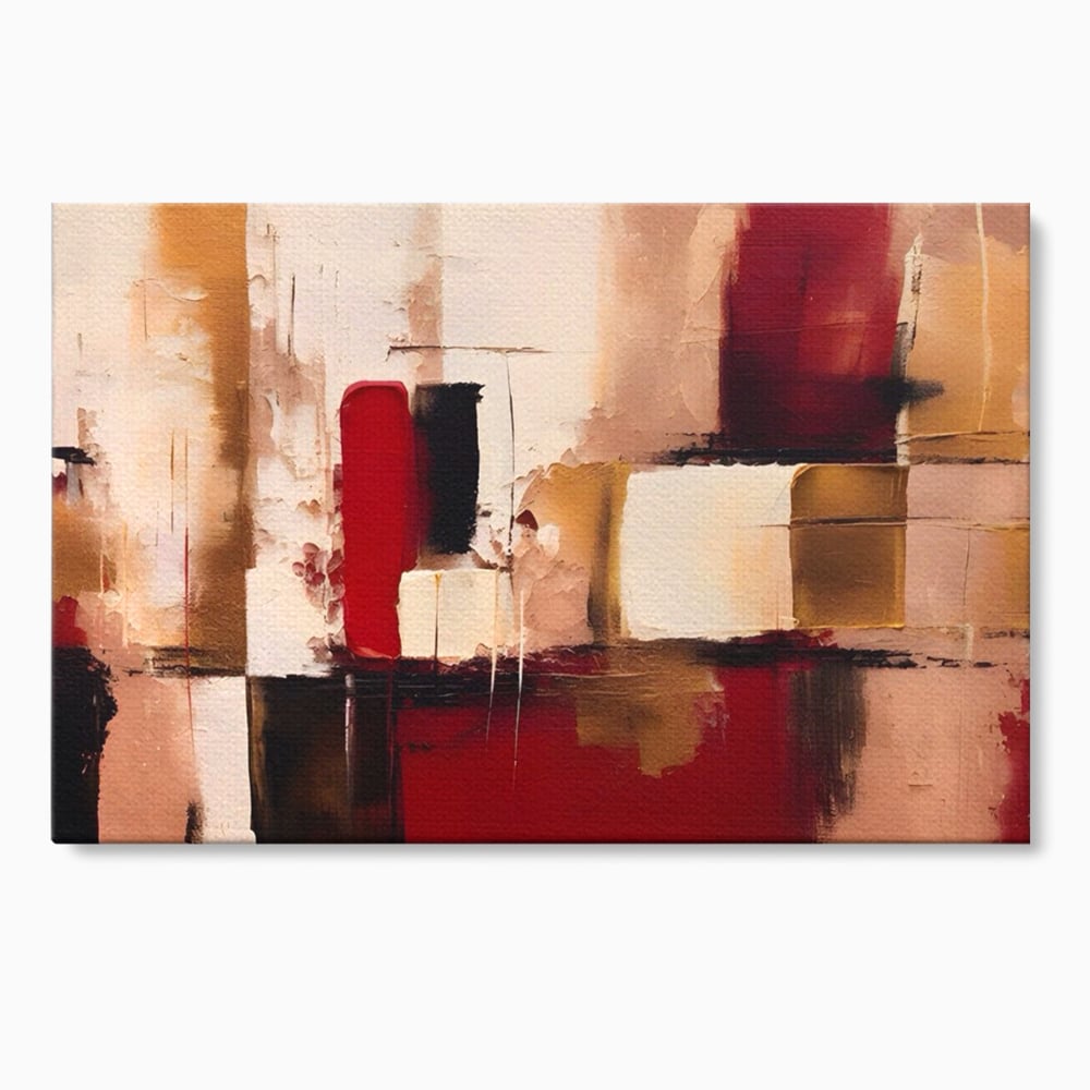 Tablou canvas cu pictura abstracta cu patrate rosii si bej, fara rama, pe sasiu de lemn