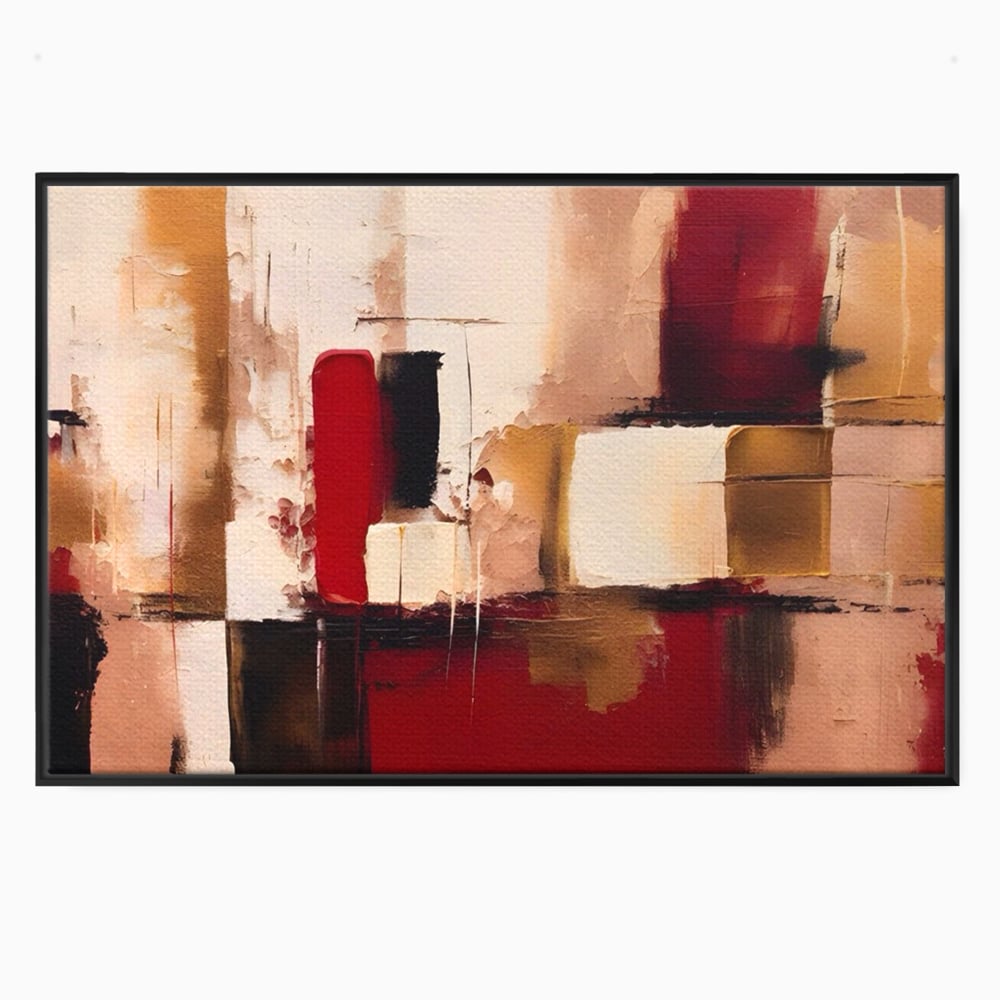 Tablou canvas cu pictura abstracta cu patrate rosii si bej, in rama de aluminiu negru