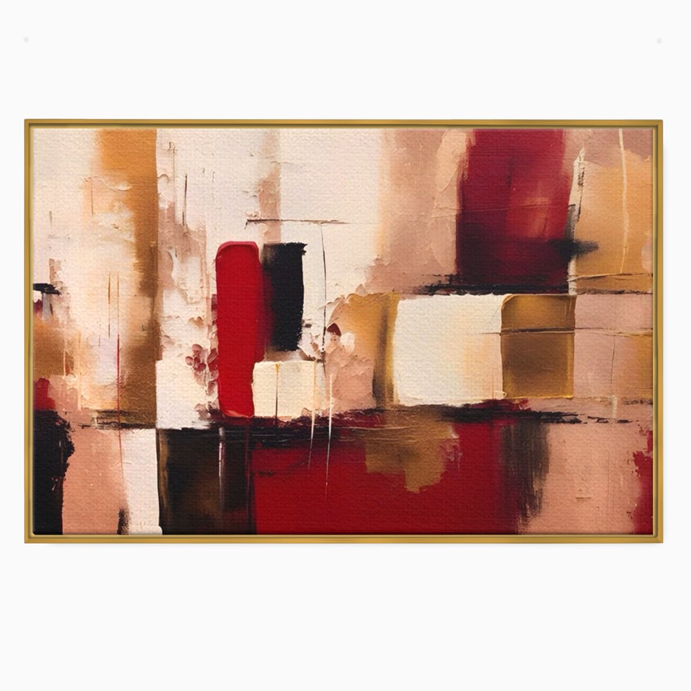 Tablou canvas cu pictura abstracta cu patrate rosii si bej, in rama de aluminiu auriu