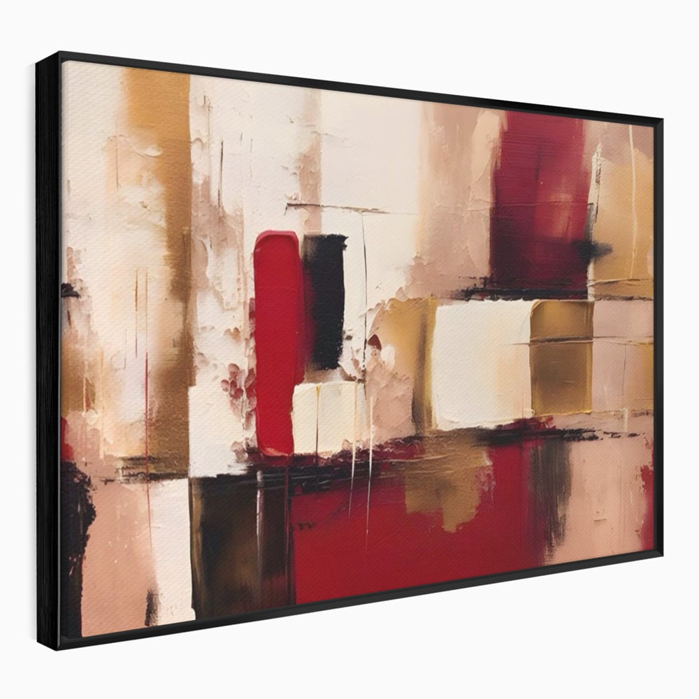 Tablou canvas cu pictura abstracta cu patrate rosii si bej, in rama de aluminiu negru