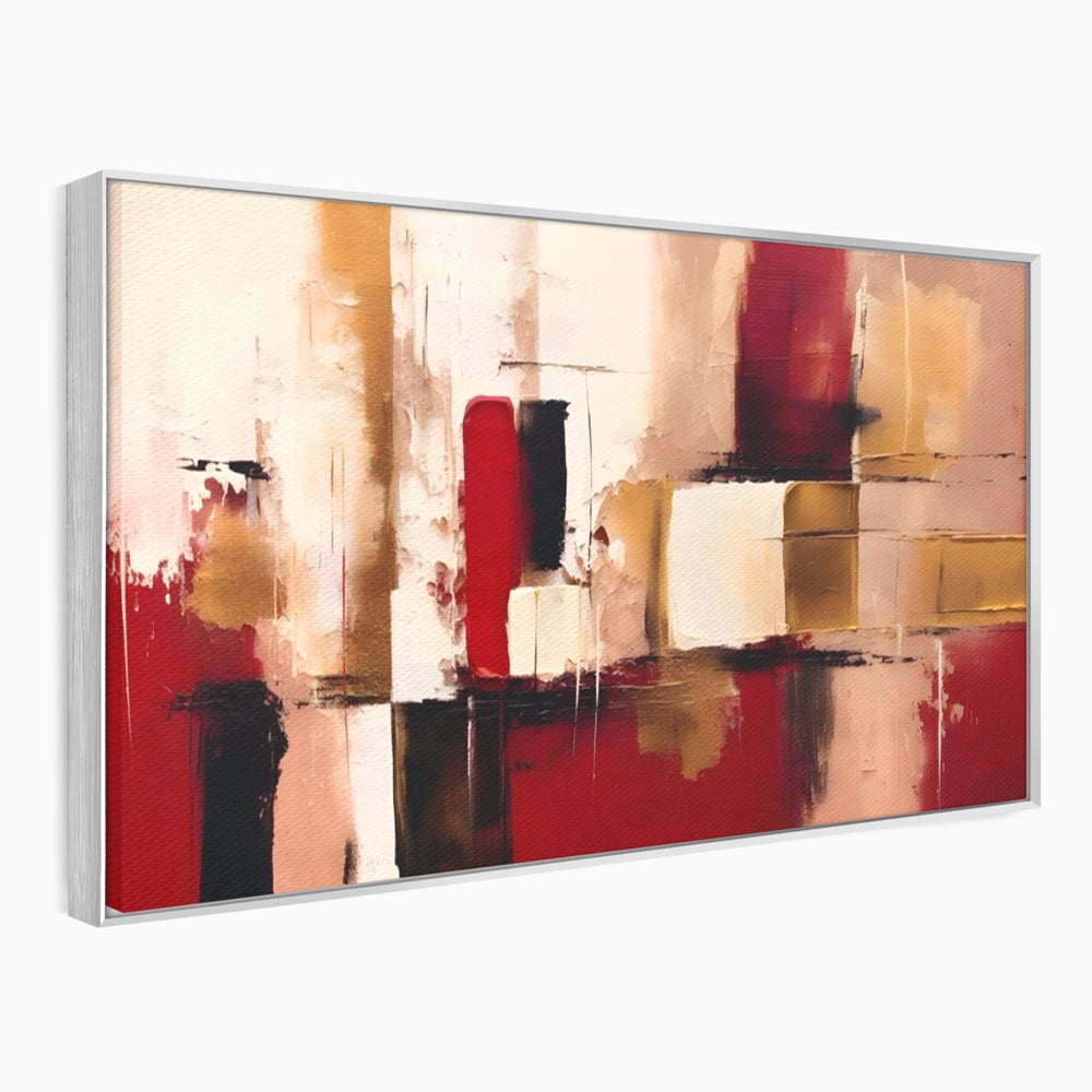 Tablou canvas cu pictura abstracta cu patrate rosii si bej, in rama de aluminiu argintiu