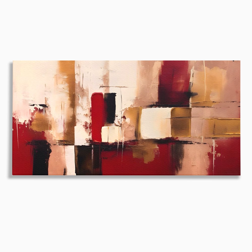 Tablou canvas cu pictura abstracta cu patrate rosii si bej, fara rama, pe sasiu de lemn