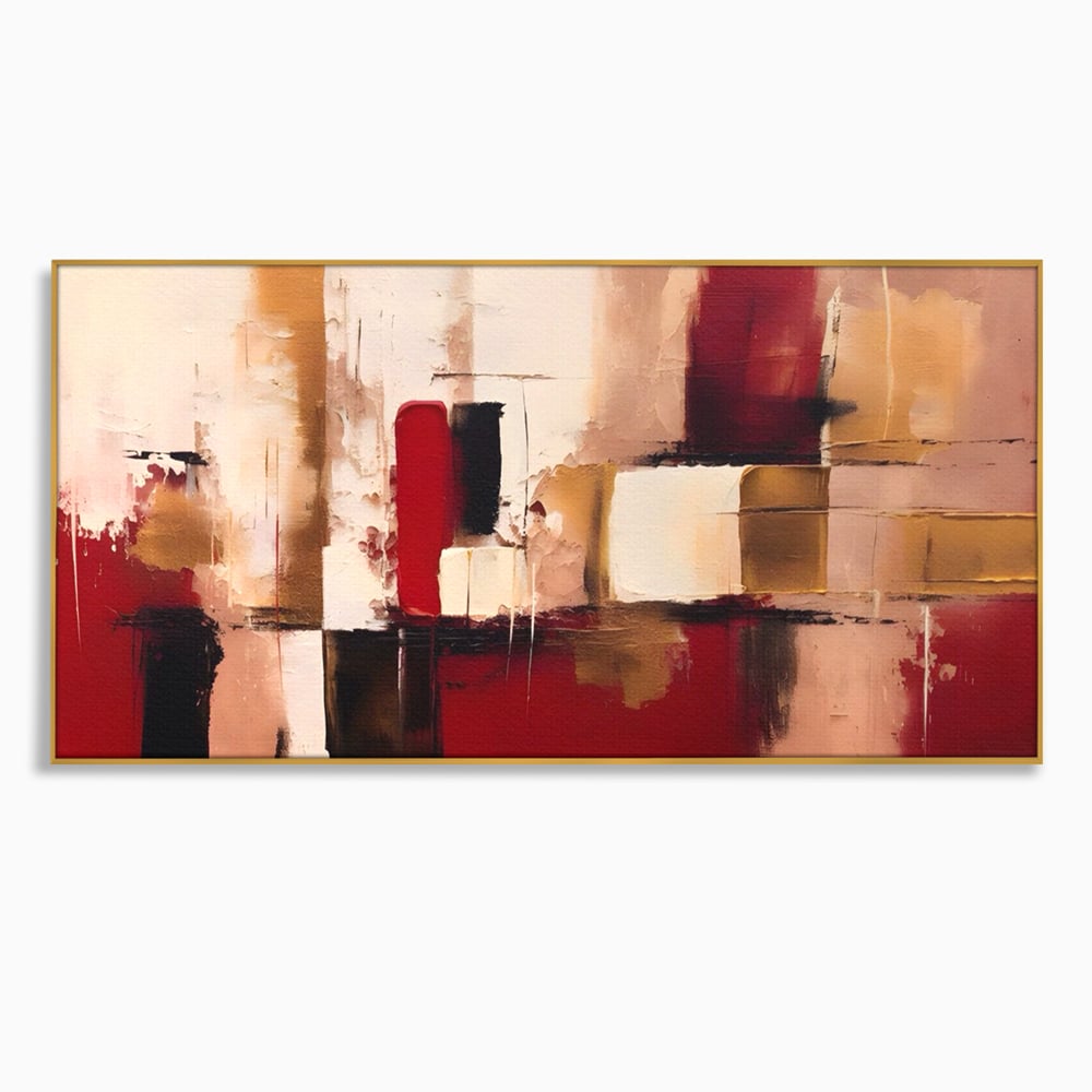 Tablou canvas cu pictura abstracta cu patrate rosii si bej, in rama de aluminiu auriu