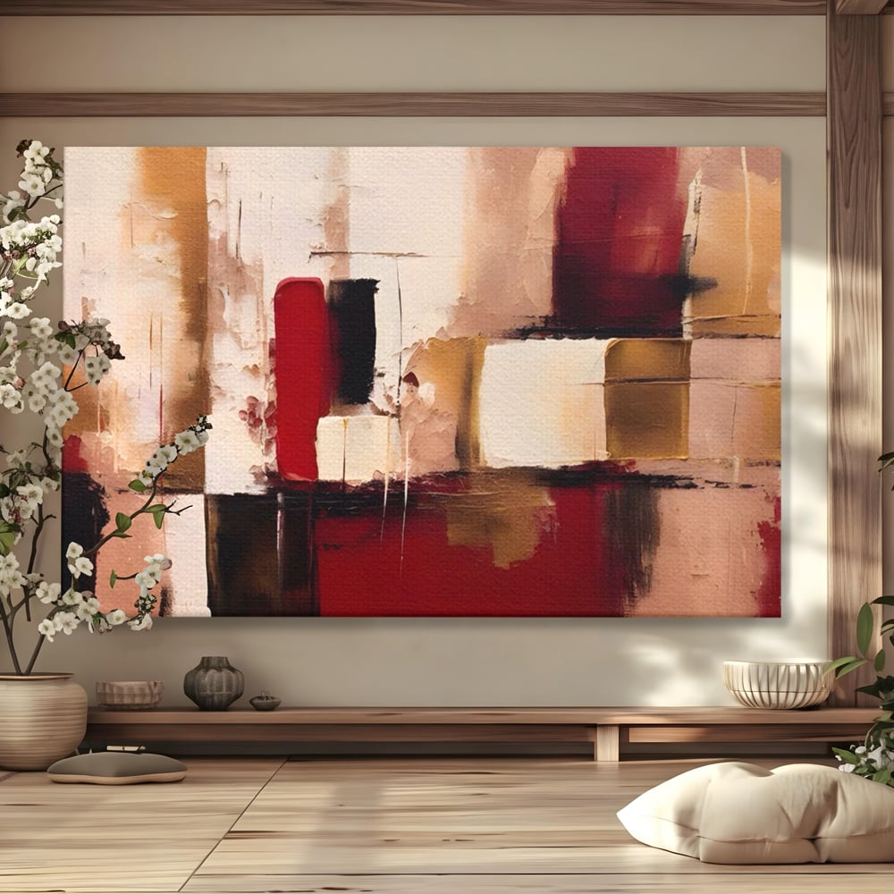 Tablou canvas cu pictura abstracta cu patrate rosii si bej, fara rama, pe sasiu de lemn