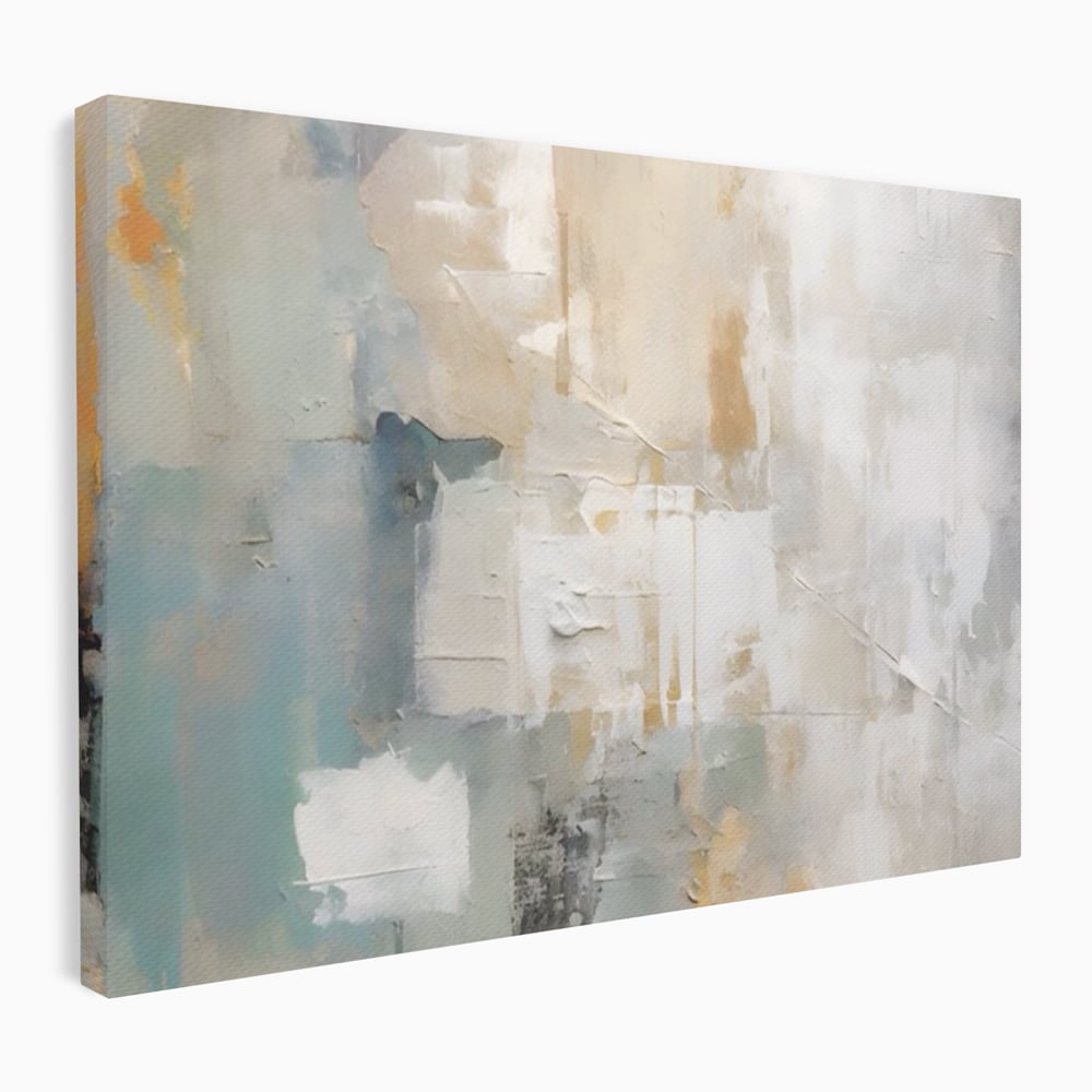 Tablou canvas cu pictura abstracta cu texturi alb, gri si turcoaz, fara rama, pe sasiu de lemn