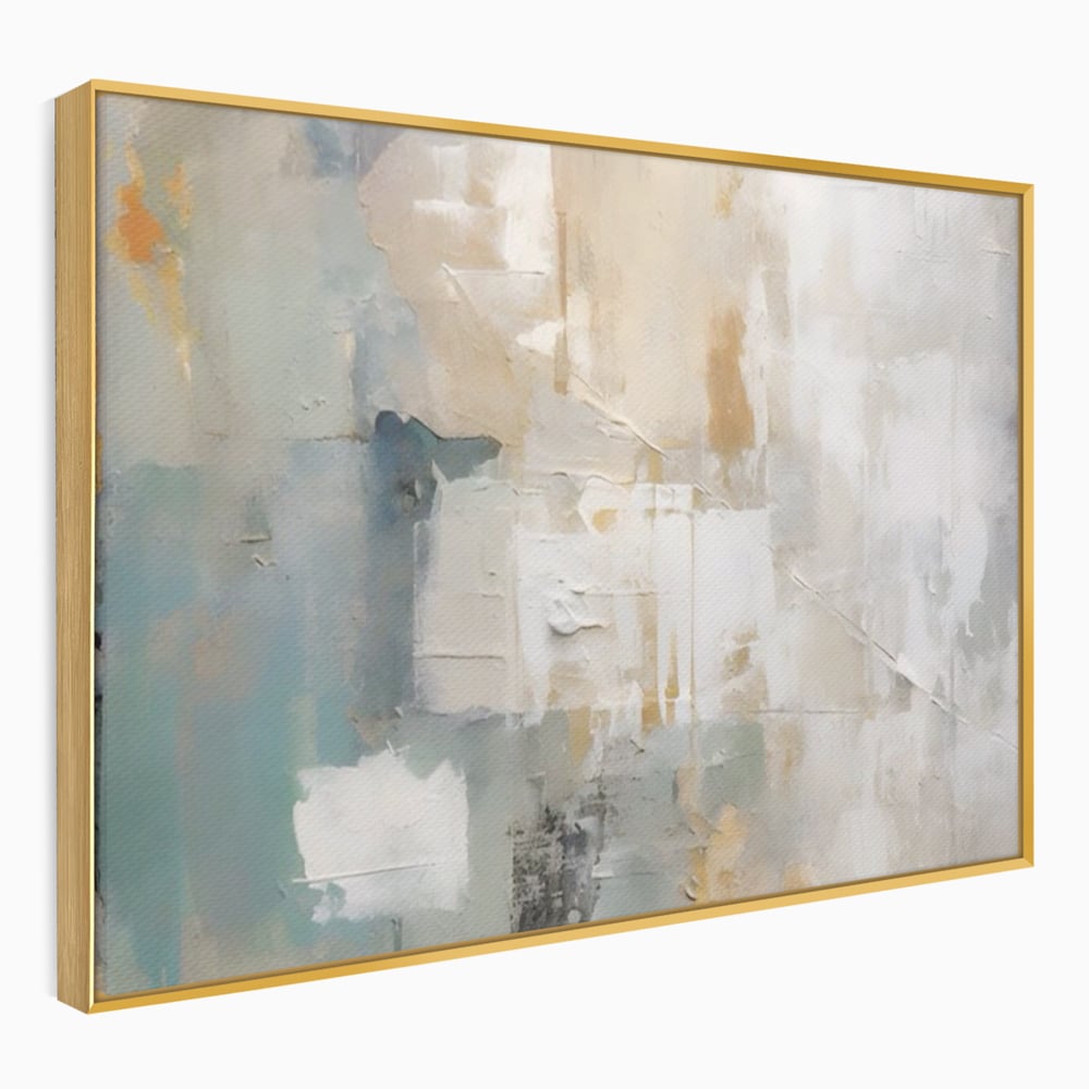 Tablou canvas cu pictura abstracta cu texturi alb, gri si turcoaz, in rama de aluminiu auriu