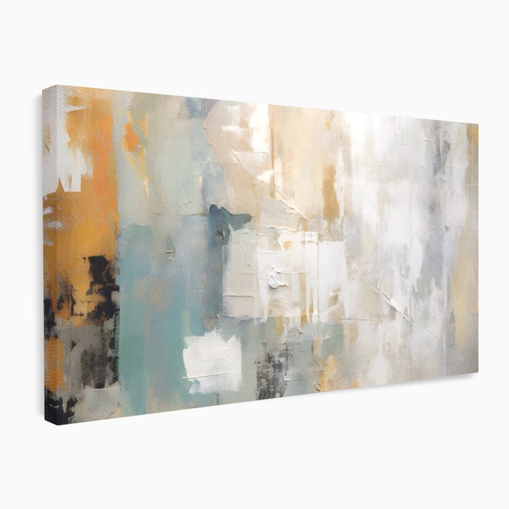 Tablou canvas cu pictura abstracta cu texturi alb, gri si turcoaz, fara rama, pe sasiu de lemn