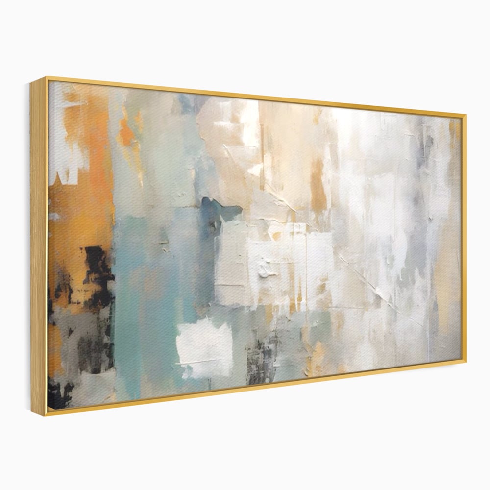 Tablou canvas cu pictura abstracta cu texturi alb, gri si turcoaz, in rama de aluminiu auriu