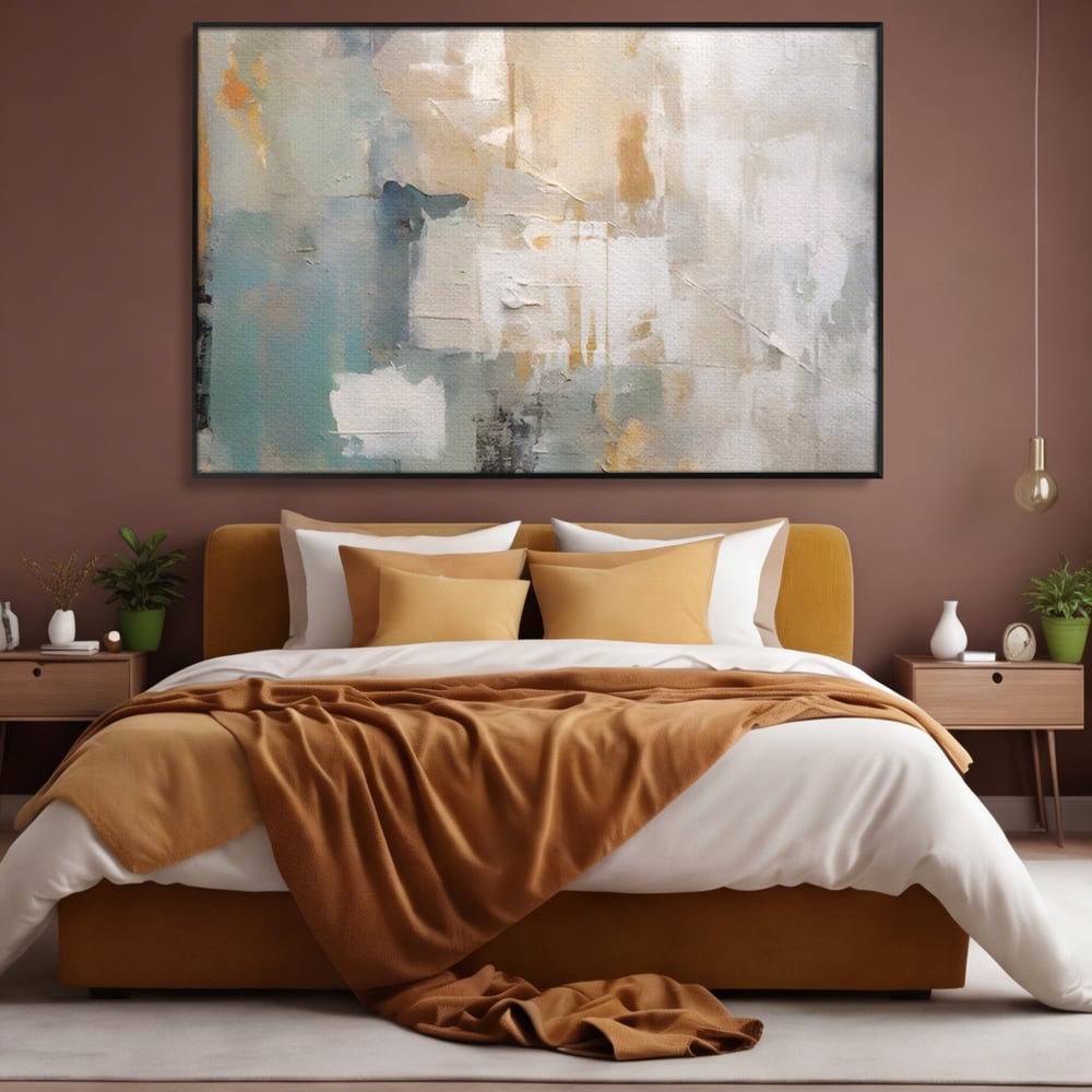 Tablou canvas cu pictura abstracta cu texturi alb, gri si turcoaz, in rama de aluminiu negru, pe perete intr-un dormitor