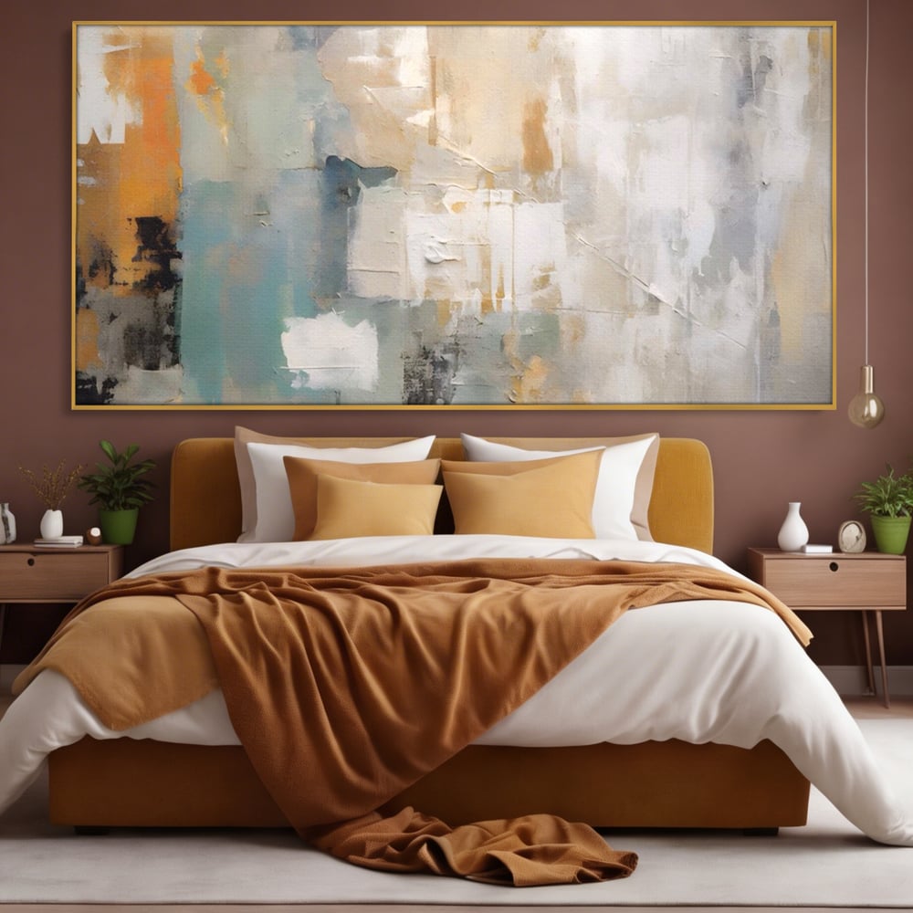 Tablou canvas cu pictura abstracta cu texturi alb, gri si turcoaz, in rama de aluminiu auriu, pe perete intr-un dormitor