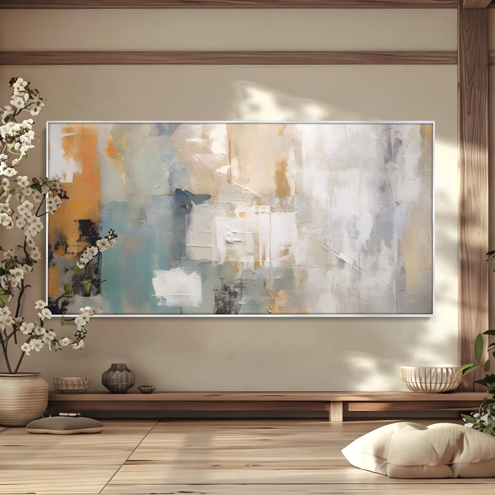 Tablou canvas cu pictura abstracta cu texturi alb, gri si turcoaz, in rama de aluminiu argintiu