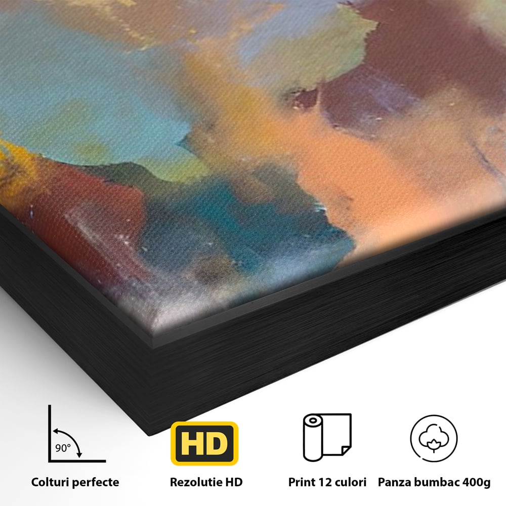 Detaliu al suprafetei: pictura abstracta cu pete colorate verticale, in rama de aluminiu negru