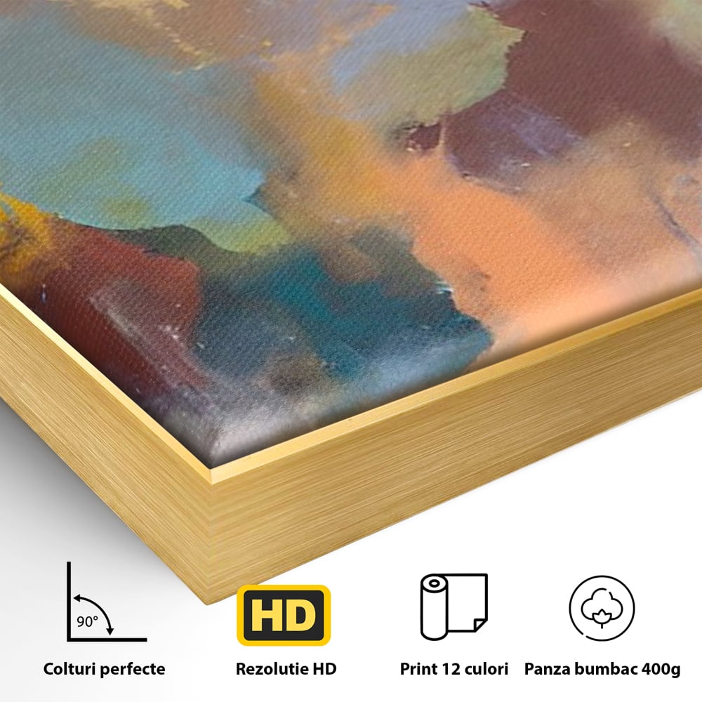 Detaliu al suprafetei: pictura abstracta cu pete colorate verticale, in rama de aluminiu auriu