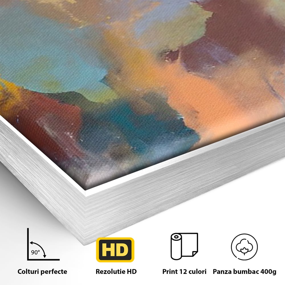 Detaliu al suprafetei: pictura abstracta cu pete colorate verticale, in rama de aluminiu argintiu