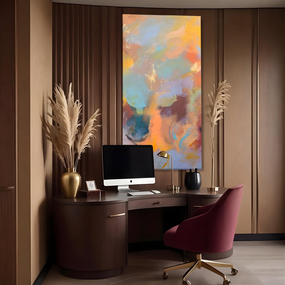 Tablou canvas cu pictura abstracta cu pete colorate verticale, fara rama, pe sasiu de lemn, pe perete intr-un birou