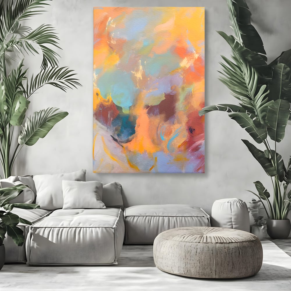 Tablou canvas cu pictura abstracta cu pete colorate verticale, fara rama, pe sasiu de lemn, pe perete intr-un living