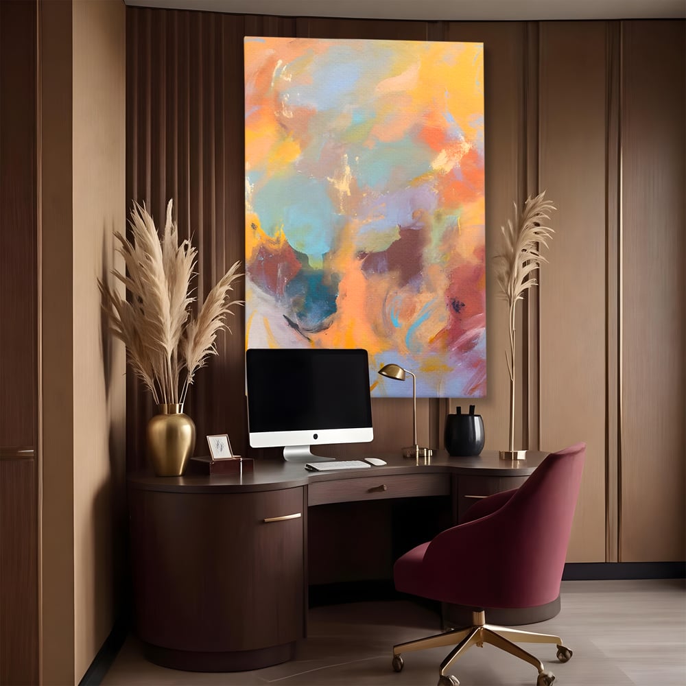 Tablou canvas cu pictura abstracta cu pete colorate verticale, fara rama, pe sasiu de lemn, pe perete intr-un birou