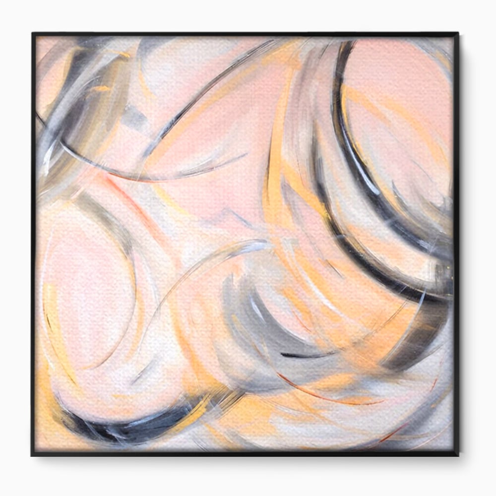Tablou canvas cu pictura abstracta cu cercuri si linii curbate, in rama de aluminiu negru
