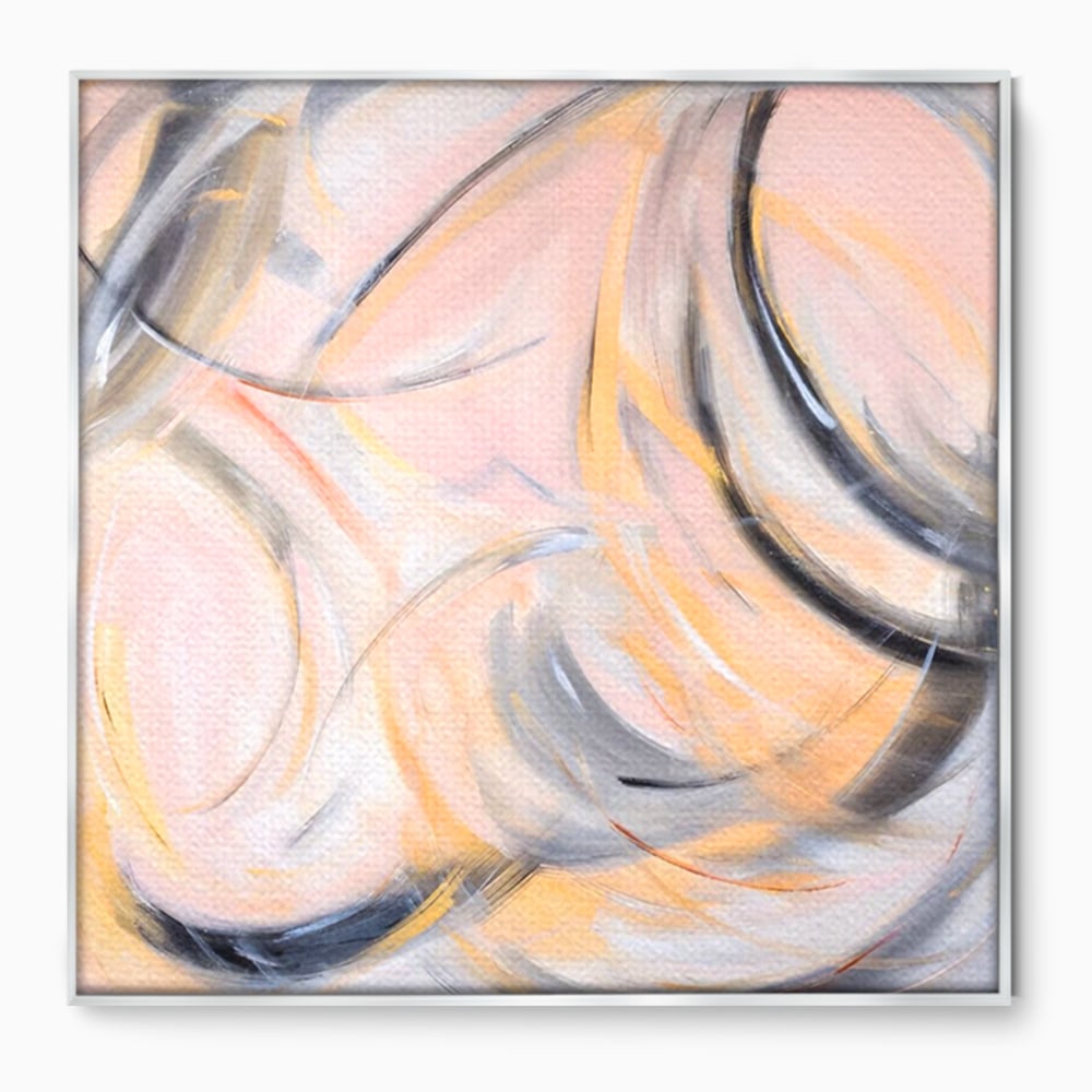 Tablou canvas cu pictura abstracta cu cercuri si linii curbate, in rama de aluminiu argintiu