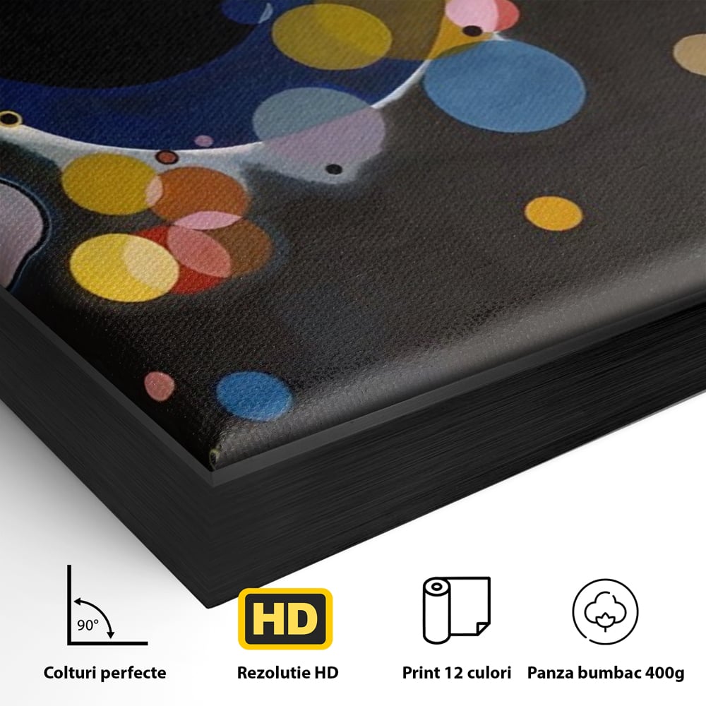 Detaliu al suprafetei: pictura abstracta cu cercuri colorate, in rama de aluminiu negru